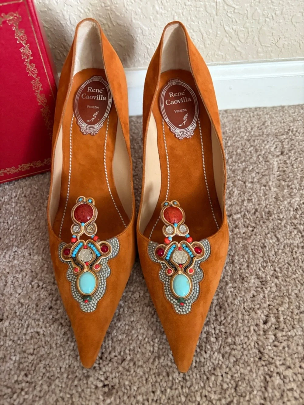 Rene Caovilla Orange Suede Embellished heels NIB size 39 made in Italy - Picture 3 of 7